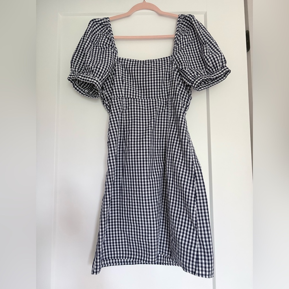 Classic Gingham Puff-Sleeve Dress - Navy/White